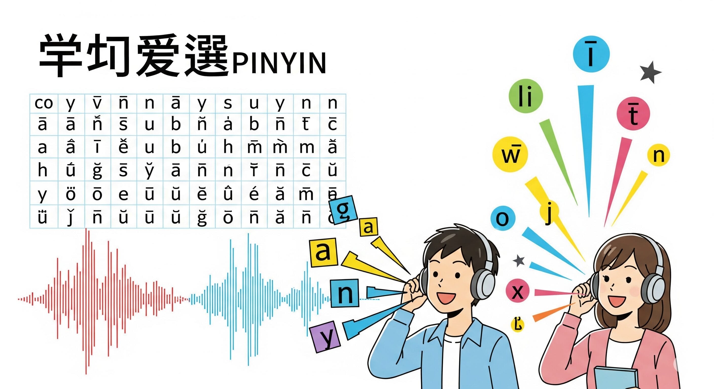 声調記号、音波、ヘッドフォンをつけて発音を練習している 2 人の人物が記された中国語ピンイン表。.
