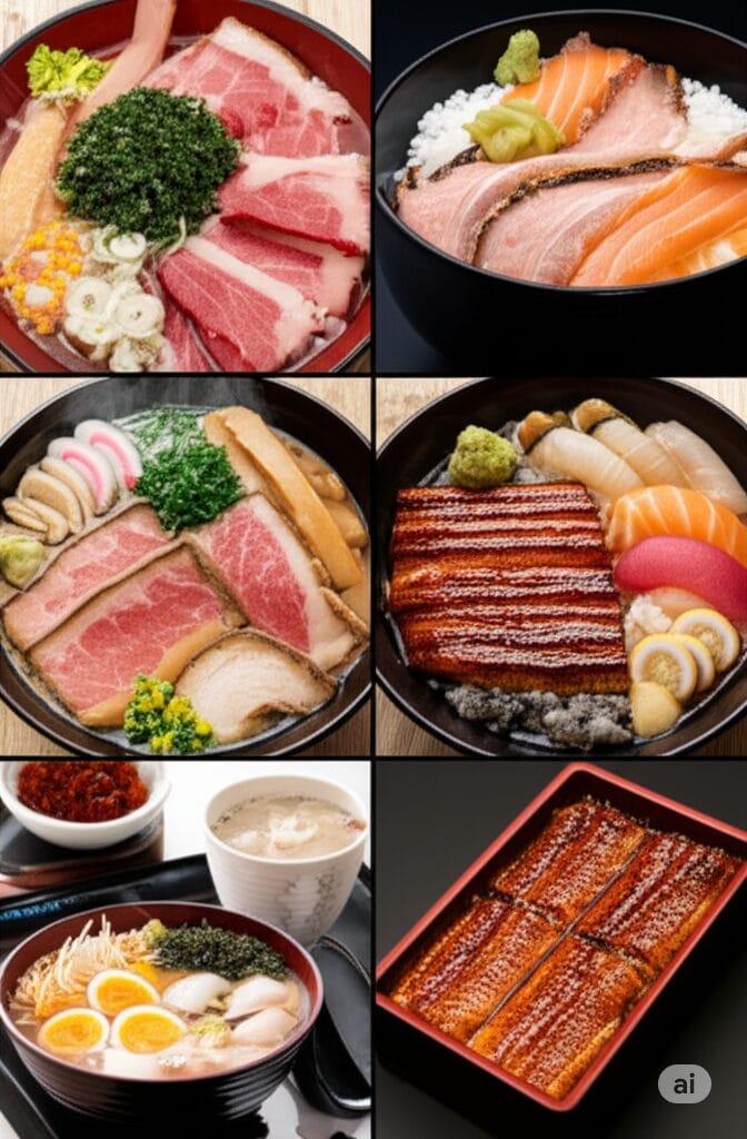 生魚、うなぎの蒲焼き、スライスした肉、卵、野菜、付け合わせをのせた様々な丼を盛り合わせた6種類の日本料理のコラージュ。.