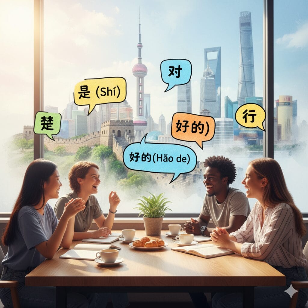 4人がテーブルにつき、ノートとお菓子を手に言語交換をしている。彼らの頭上には中国語の吹き出しが浮かんでいる。窓からは街のスカイラインが見える。.
