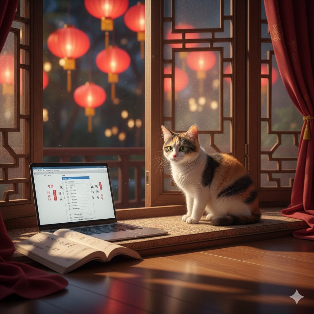 赤いカーテンに縁取られた木製のベンチに置かれた、開いたノートパソコンと本の横に、外に赤い提灯が置かれた窓際に座る三毛猫。.