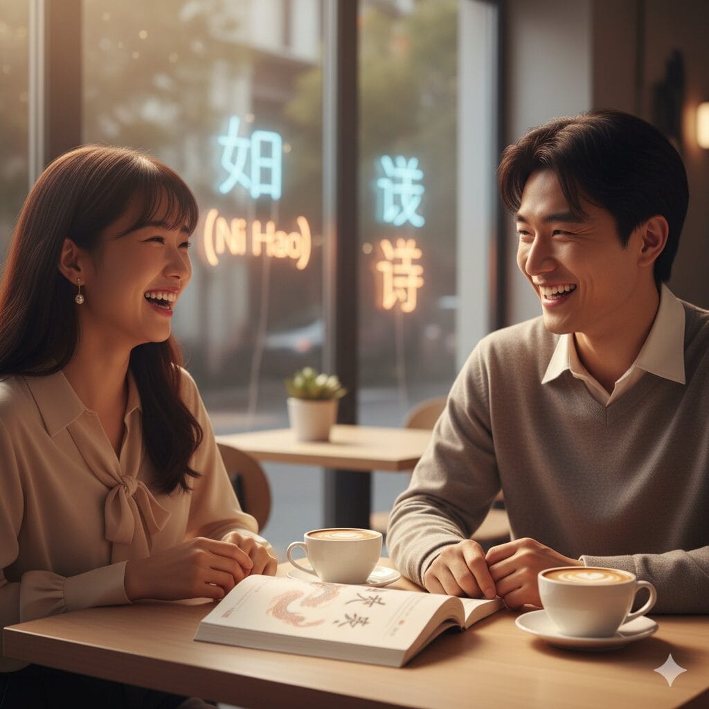 コーヒーカップと本を持ってテーブルに座る男女。.