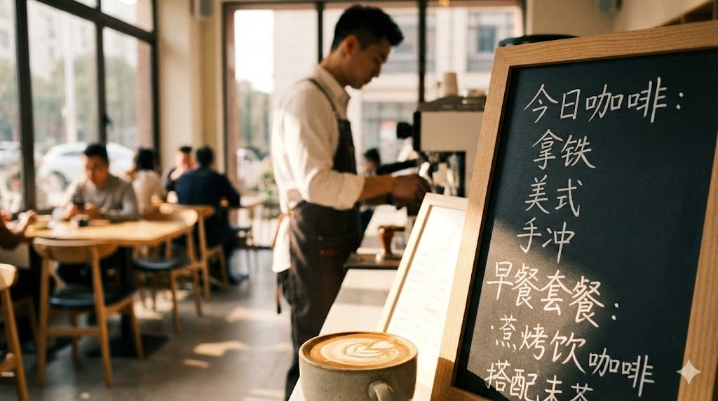 手前には中国語が書かれた黒板のメニューとラテアートが描かれたコーヒーカップ。.