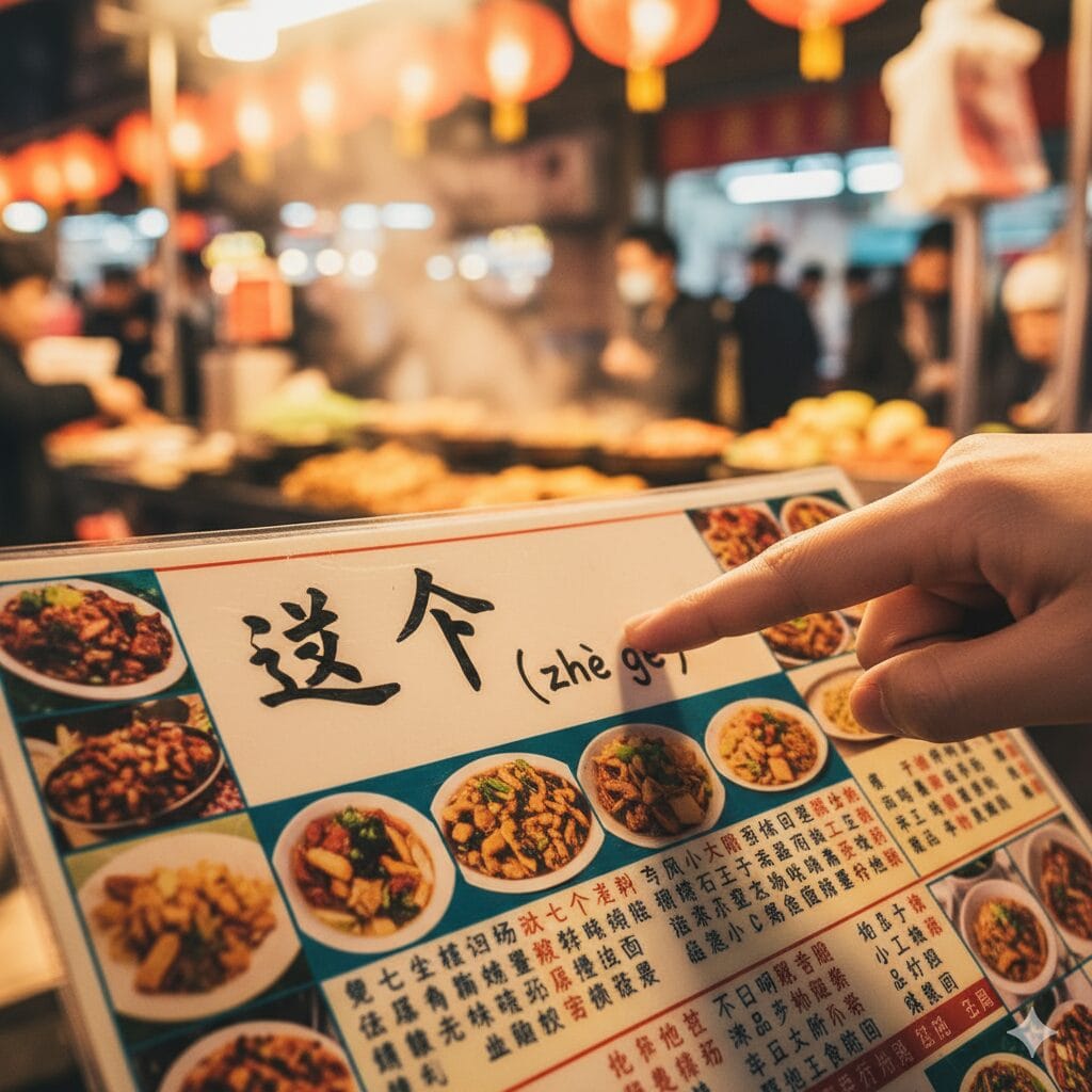 提灯と屋台で賑わう夜市で、中華料理のメニューと説明を指差す人。.