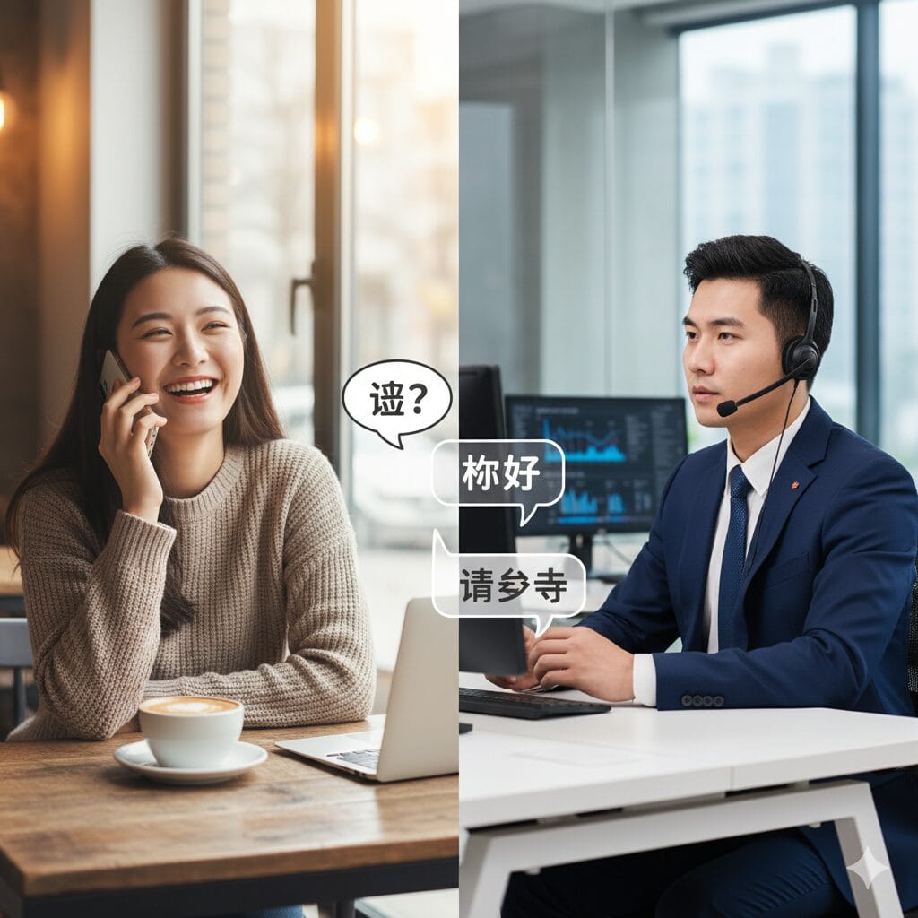 電話で話している女性と、デスクでヘッドセットをつけている男性が、中国語の吹き出しとともにコミュニケーションをとっている様子が映し出されている。.