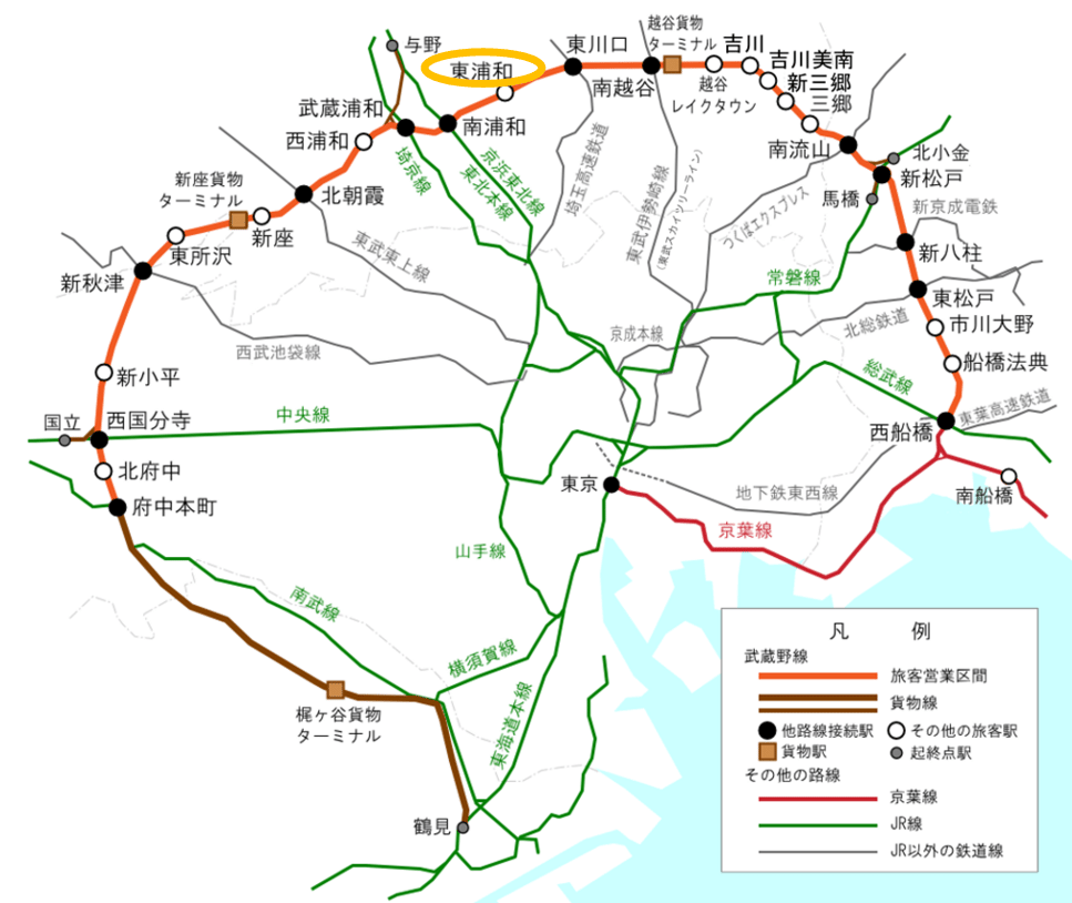 首都圏の路線図。様々な路線が色分けされ、「西浦和」駅はオレンジの楕円で強調されている。.