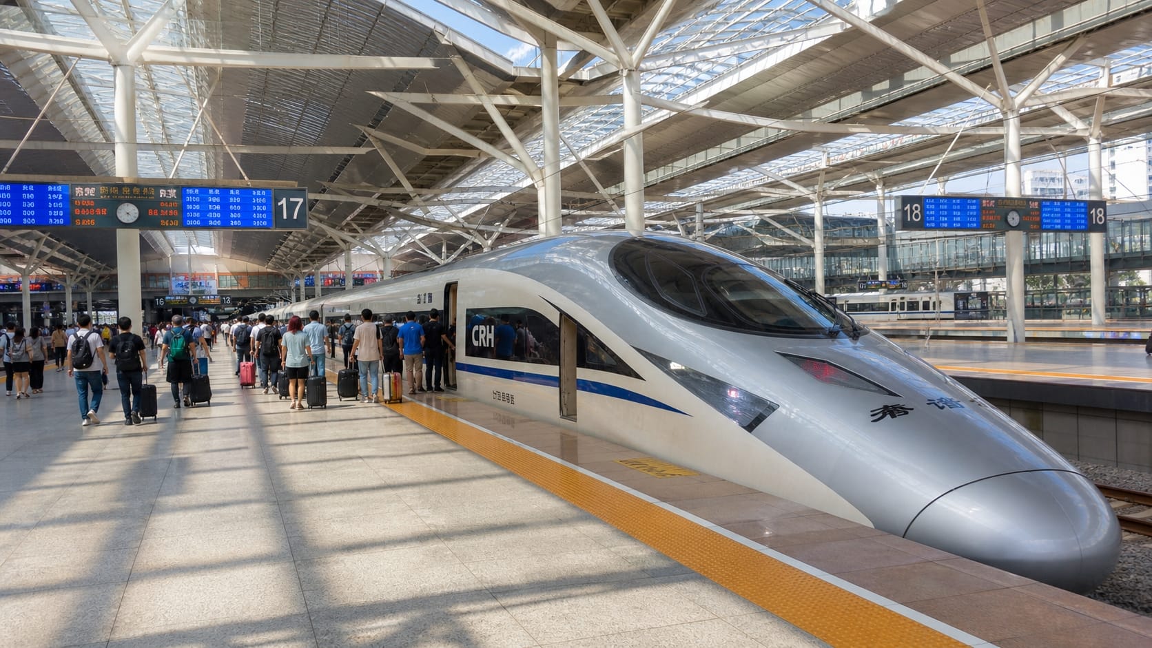 広々とした明るい鉄道ターミナル内では、乗客たちが乗車のために列を作っている中、最新の高速列車がホームに停車している。.