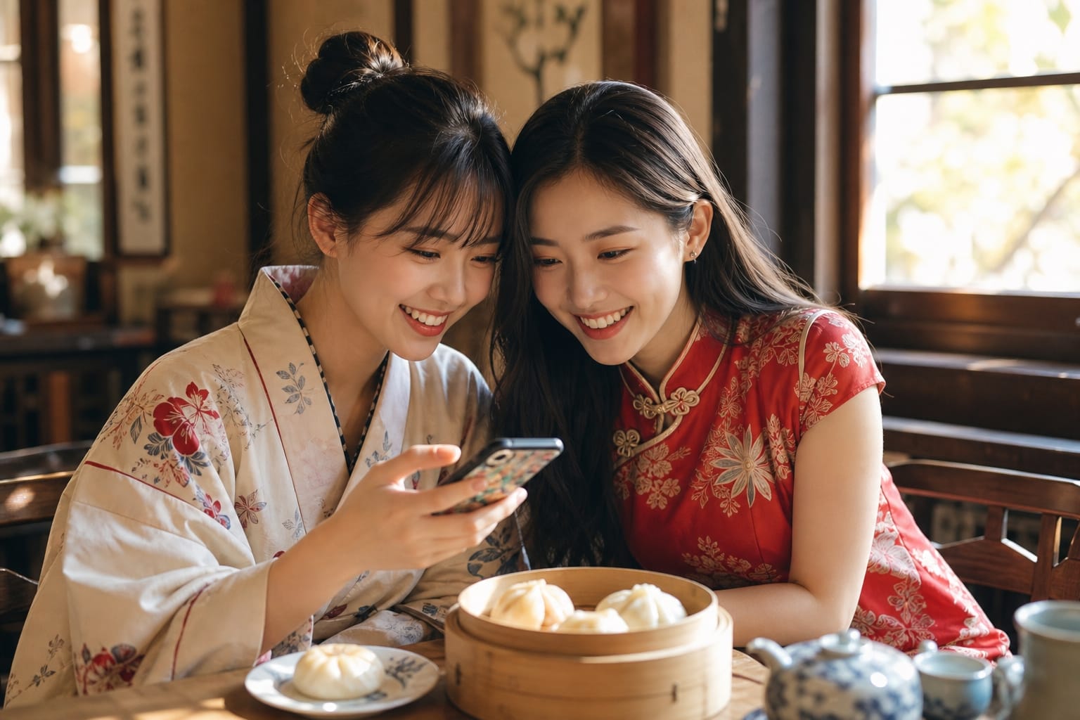 あるレストランのテーブルで、蒸しパンを前に、アジアの伝統的な衣装を身にまとった2人の若い女性が、一緒にスマートフォンを見ながら微笑んでいる。.