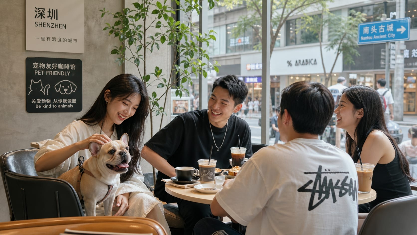 中国の現代的なカフェで犬を撫でる若者たち