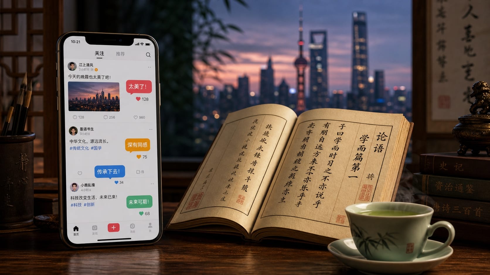 伝統的な書物と現代のスマートフォン上のSNS画面の対比