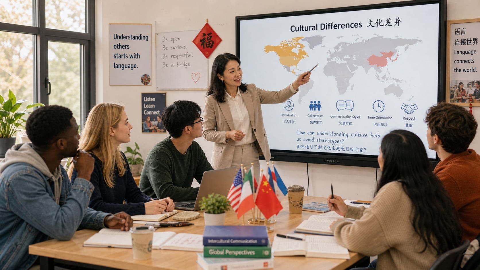 留学生と中国人の先生が教室で議論している様子