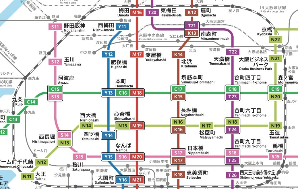 大阪の地下鉄路線図の一部で、駅名、カラー路線、接続路線を日本語と英語で表示。.