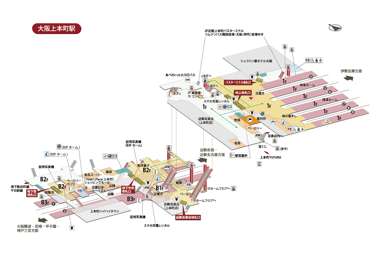 大阪・上本町駅の図面。ホーム、改札口、階段、エスカレーター、エレベーター、施設、店舗、および周辺エリアへの接続経路が、各エリアの名称付きで示されています。.