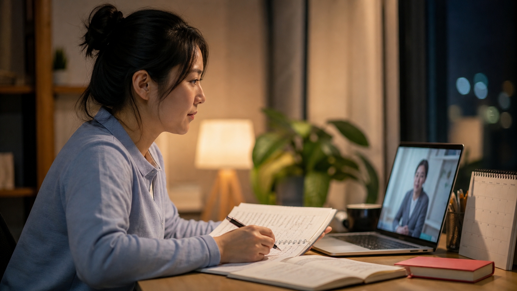 ある女性が、ノートとペンを手に机に向かい、ノートパソコンでビデオ通話に参加しています。机の上にはカレンダーや本も置かれており、背景にはランプと観葉植物が見えます。.