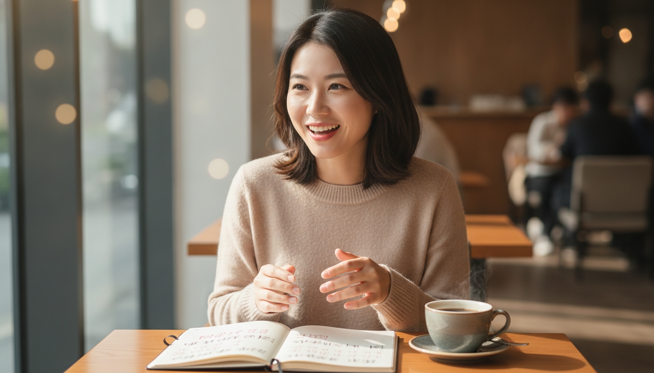 カフェのテーブルにノートとコーヒーを置いて座っている女性が、笑顔で手を動かしながら話している。.