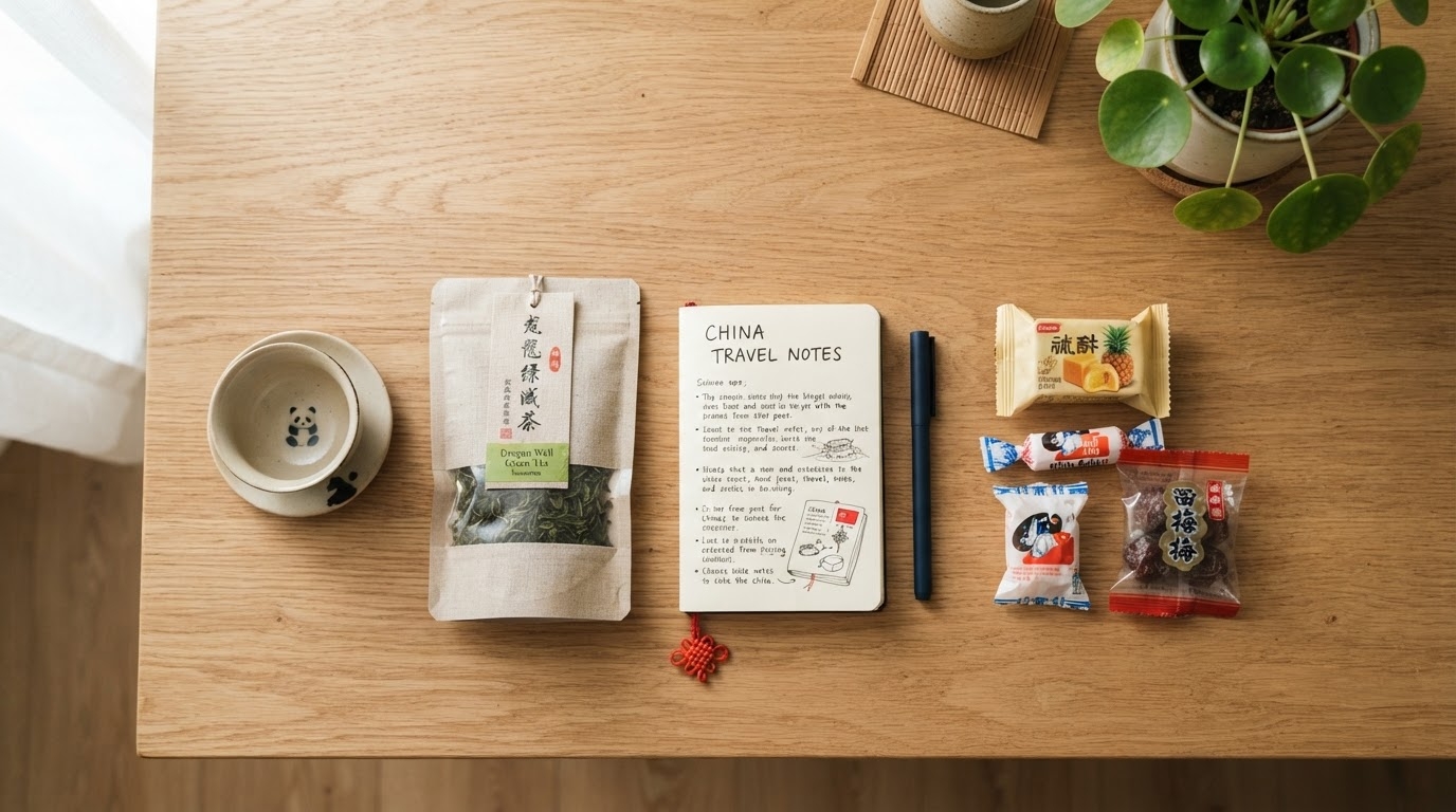ティーセット、緑茶のパッケージ、ページが開かれた旅行記のノート、ペン、そして包装されたお菓子が、隅に鉢植えが置かれた木製のテーブルの上に整然と並べられている。.
