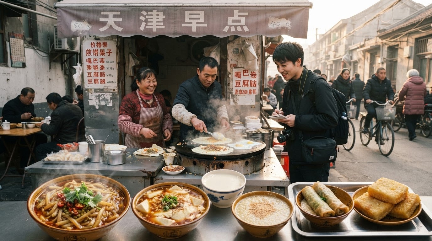 屋外市場の屋台で、屋台商人が朝食の料理を調理して客に提供している。手前には、麺や豆腐が入った丼が並べられている。.