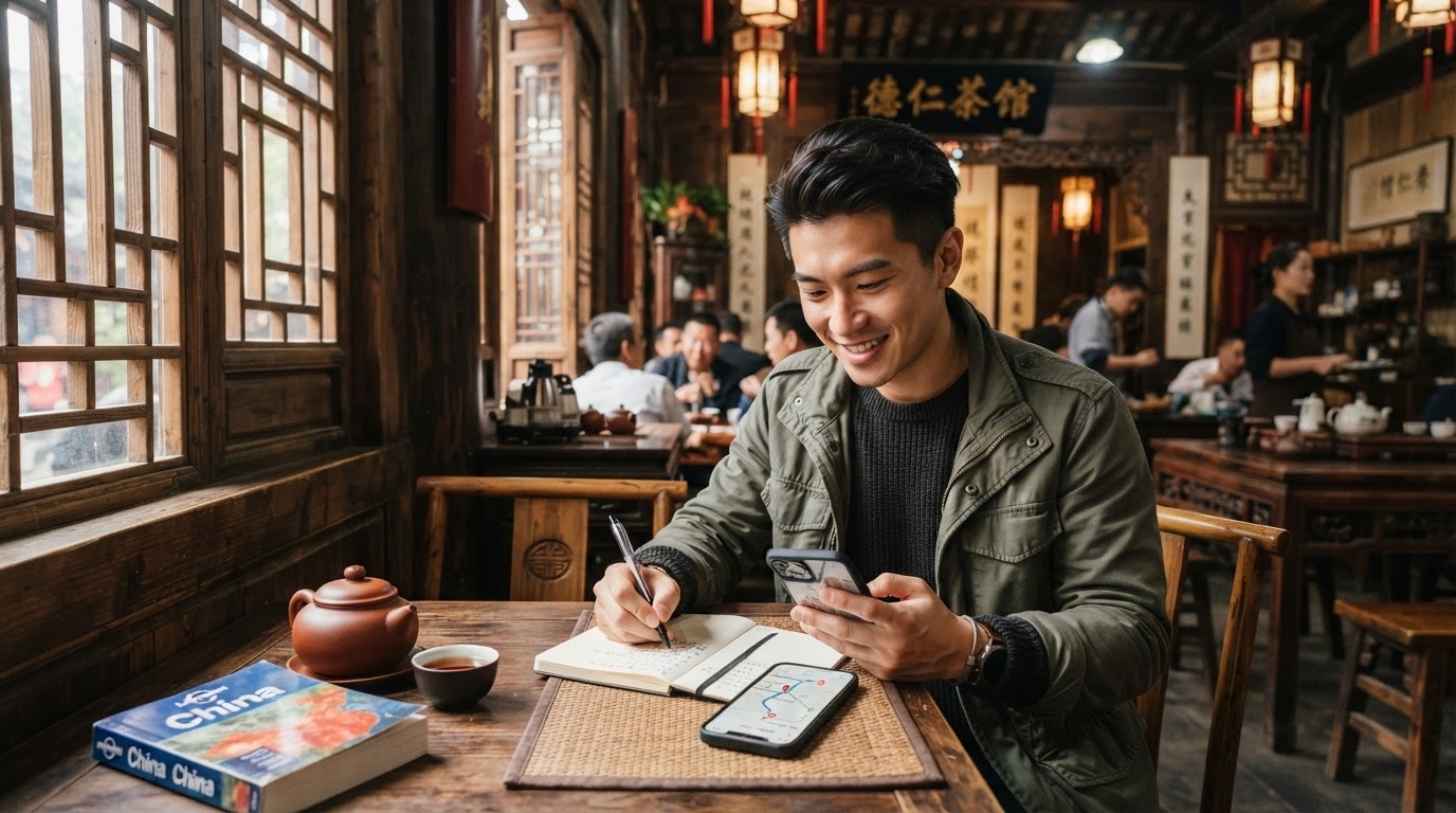 ある男性がカフェの木製のテーブルに座り、ノートに何かを書きながら携帯電話を手に持ち、その横にはお茶、地図、旅行ガイドブックが置かれている。背景には他の客の姿も見えている。.