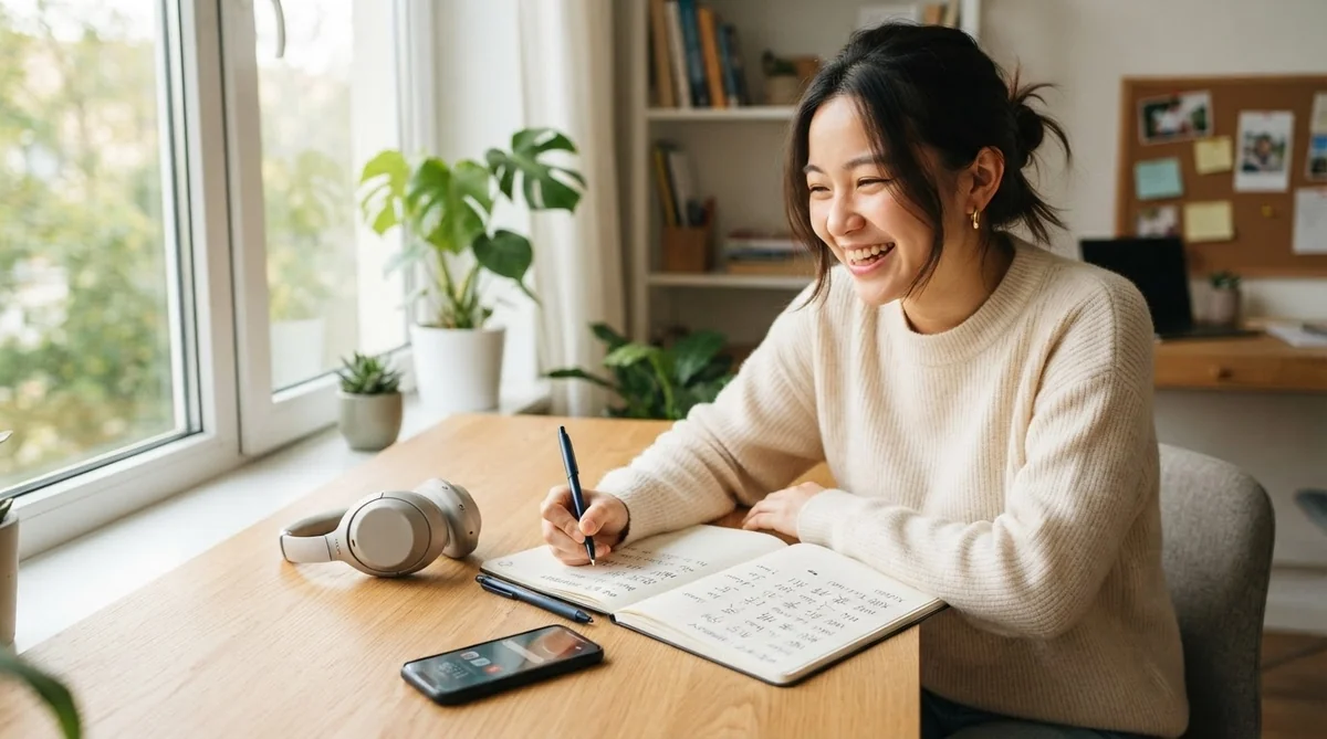 窓際の机に腰を下ろした女性が、ノートに何かを書きながら微笑んでいる。机の上にはヘッドフォン、スマートフォン、観葉植物が置かれており、背景には本棚とコルクボードが見える。.