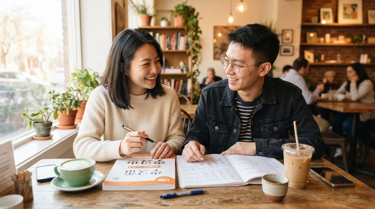 カフェのテーブルに2人が座り、笑顔を浮かべながら、目の前に本や飲み物を置いて勉強しています。テーブルの上には植物が置かれており、カフェの奥には本棚や人々の姿が見えます。.