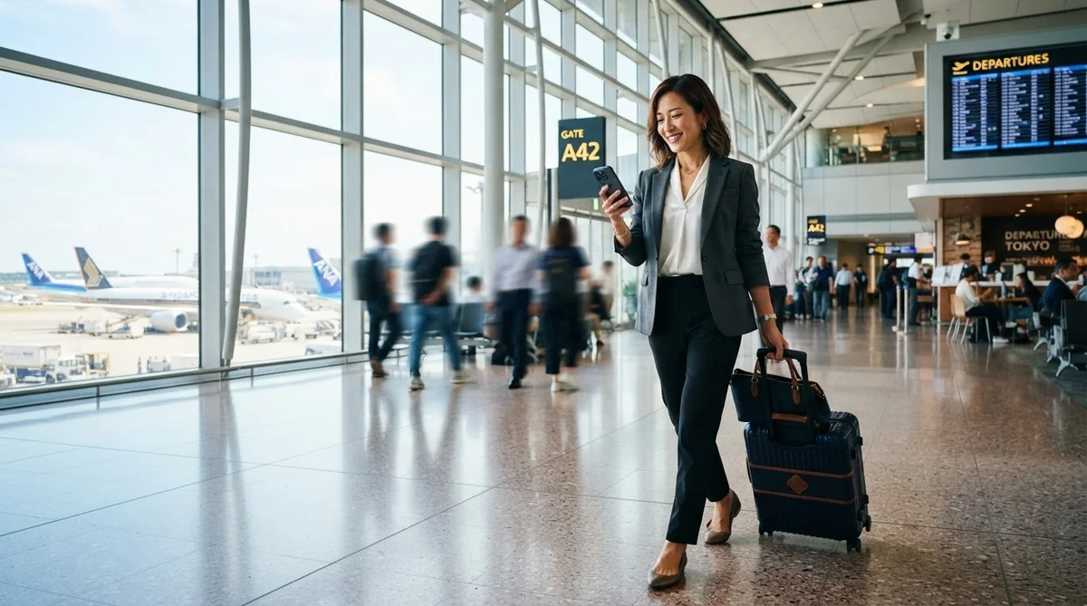 ビジネススーツ姿の女性が、キャリーケースを引きながら空港のターミナル内を歩き、スマートフォンを見ている。背景には他の旅行者や飛行機が見える。.