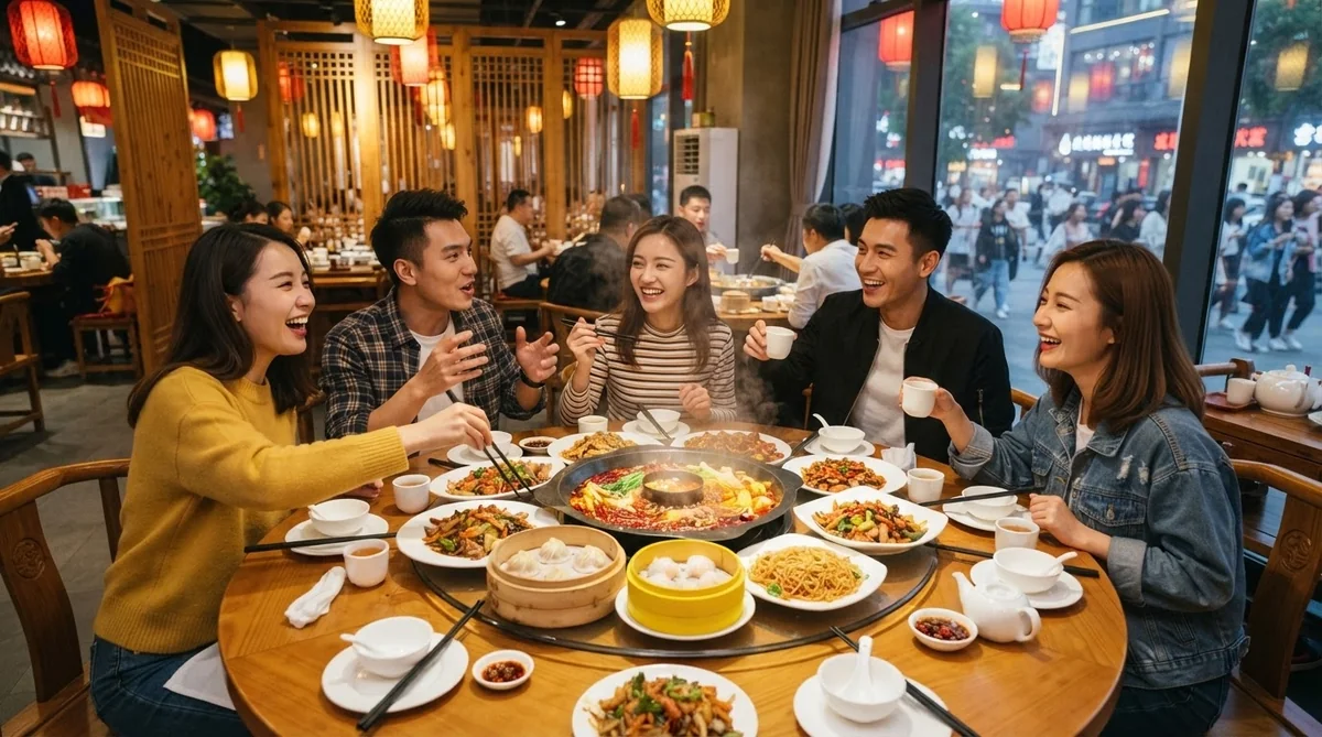 提灯が飾られた賑やかなレストランの中で、5人が丸いテーブルを囲み、さまざまな料理や飲み物を添えた鍋料理を一緒に楽しんでいる。.