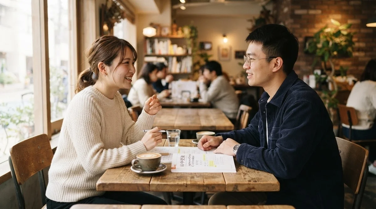 カフェのテーブルで、2人が向かい合って座り、飲み物と新聞を間に挟んで、話したり笑ったりしている。背景には他の客の姿も見えている。.