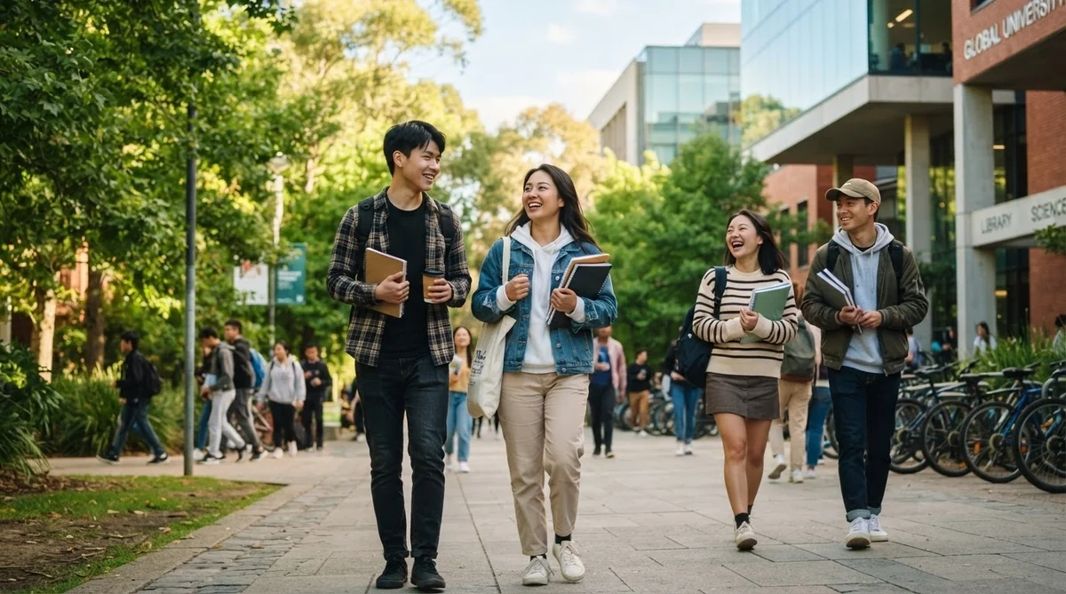 晴れた日、大学の建物の外で、4人の学生が本やリュックサックを手に持ちながら歩きながら話している。背景には、他の学生や自転車が見える。.