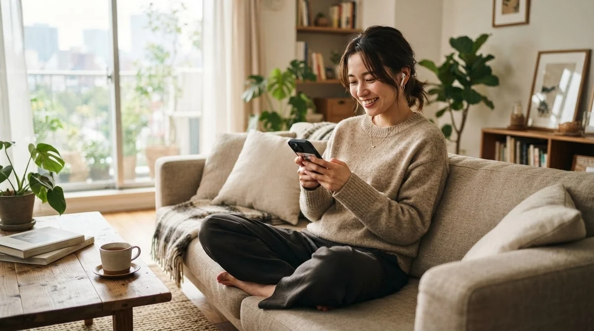 明るいリビングのソファに座り、スマートフォンを使いながら微笑んでいる女性。背景には、植物やカップ、本棚に並んだ本が見える。.