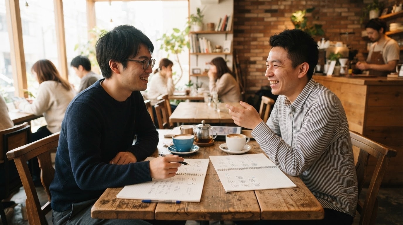 カフェの木製のテーブルに2人の男性が座り、目の前にコーヒーカップを置きながら、メモを取りつつ笑顔で会話を交わしている。他にも客が席についており、カウンターの後ろにはバリスタがいる。.