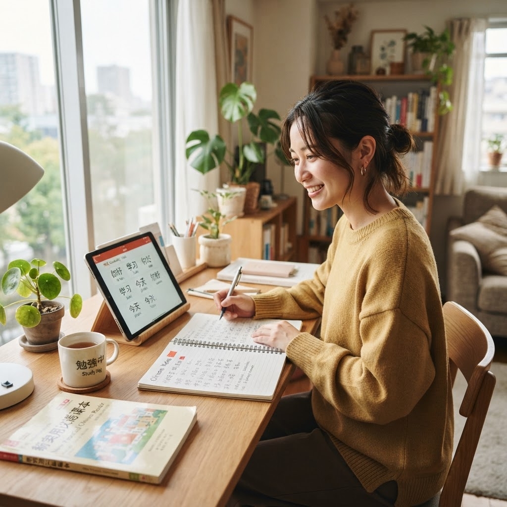明るく居心地の良い部屋で、植物や本に囲まれながら、女性が机に向かい、教科書とノートパソコンを使って日本語の勉強をしている。.