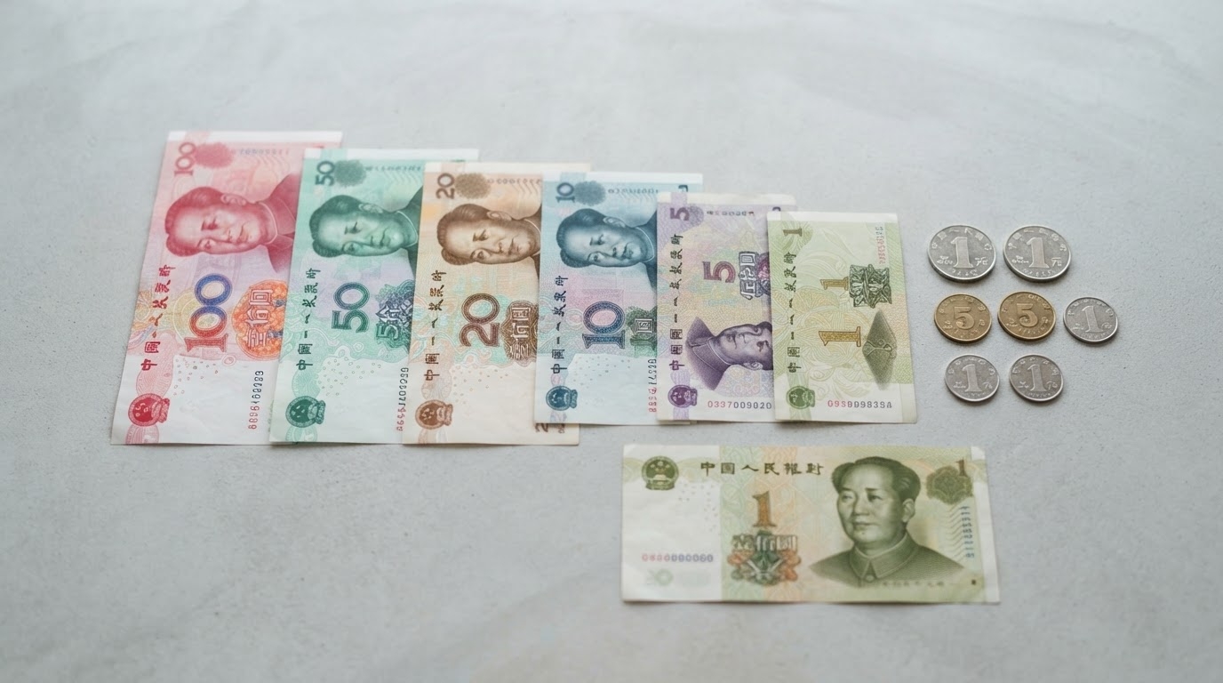 額面の異なる中国元紙幣と硬貨を並べた写真