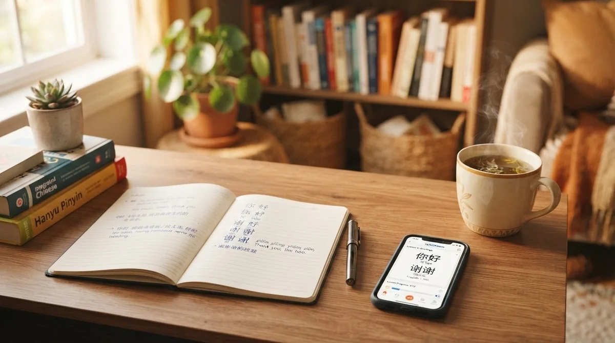 タブレットで中国語学習アプリを開き、ノートとペン、炭酸水が置かれた机の上の様子