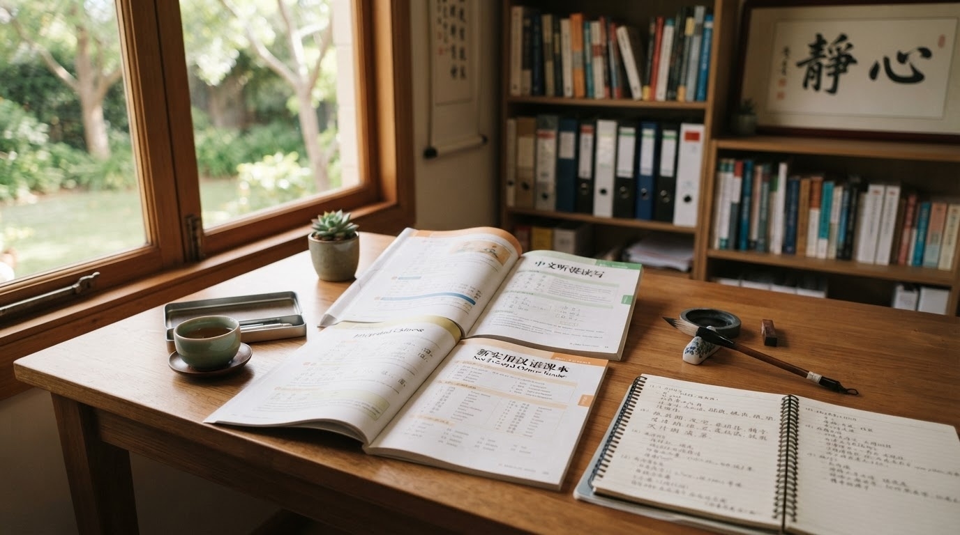 開かれた中国語教材とノートがある勉強机の風景