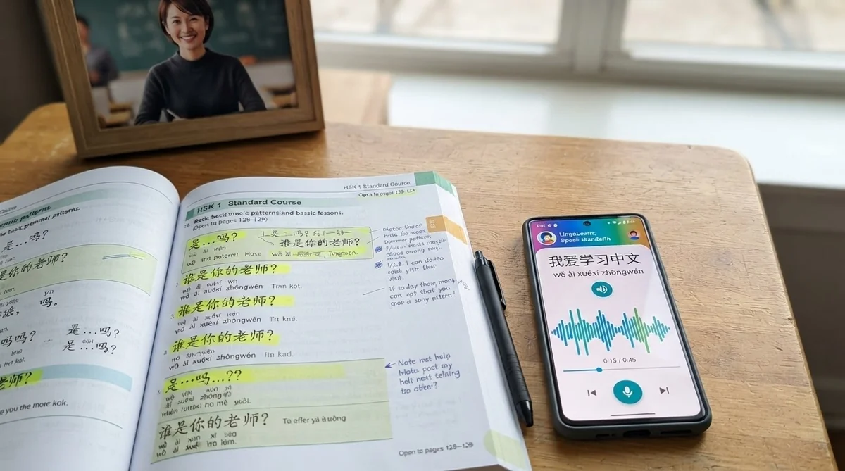 スマートフォンで中国語の発音アプリを表示しながら文法ノートを開いて学習している様子