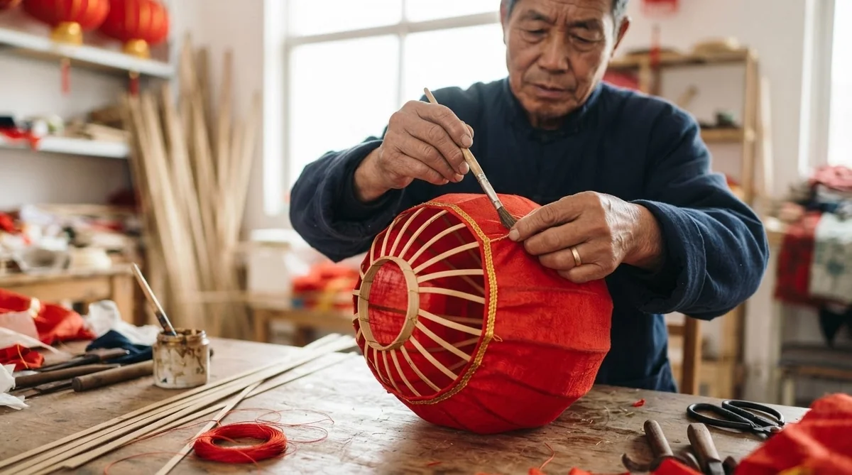 伝統的な中国の丸い赤ちょうちんを丁寧に作っている工房の職人の手元