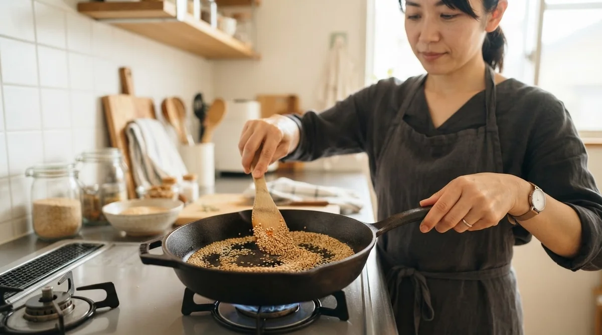 フライパンで白ごまを焦がさないようにきつね色に炒める様子