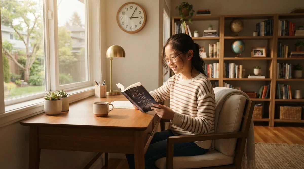 家庭で落ち着いて本を読む中国の生徒の様子