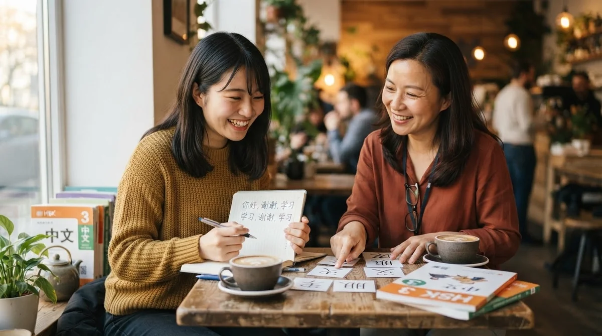 カフェで和やかに会話を交わす日本人学習者と中国語講師