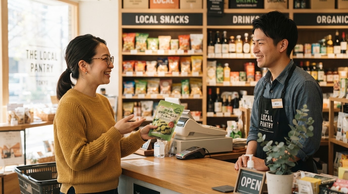スーパーのレジ前で店員に商品の中身をたずねる旅行者