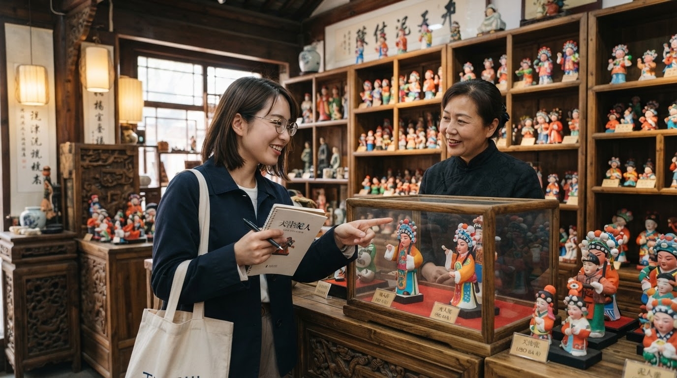 天津の工芸店で泥人形について中国語で質問する学習者