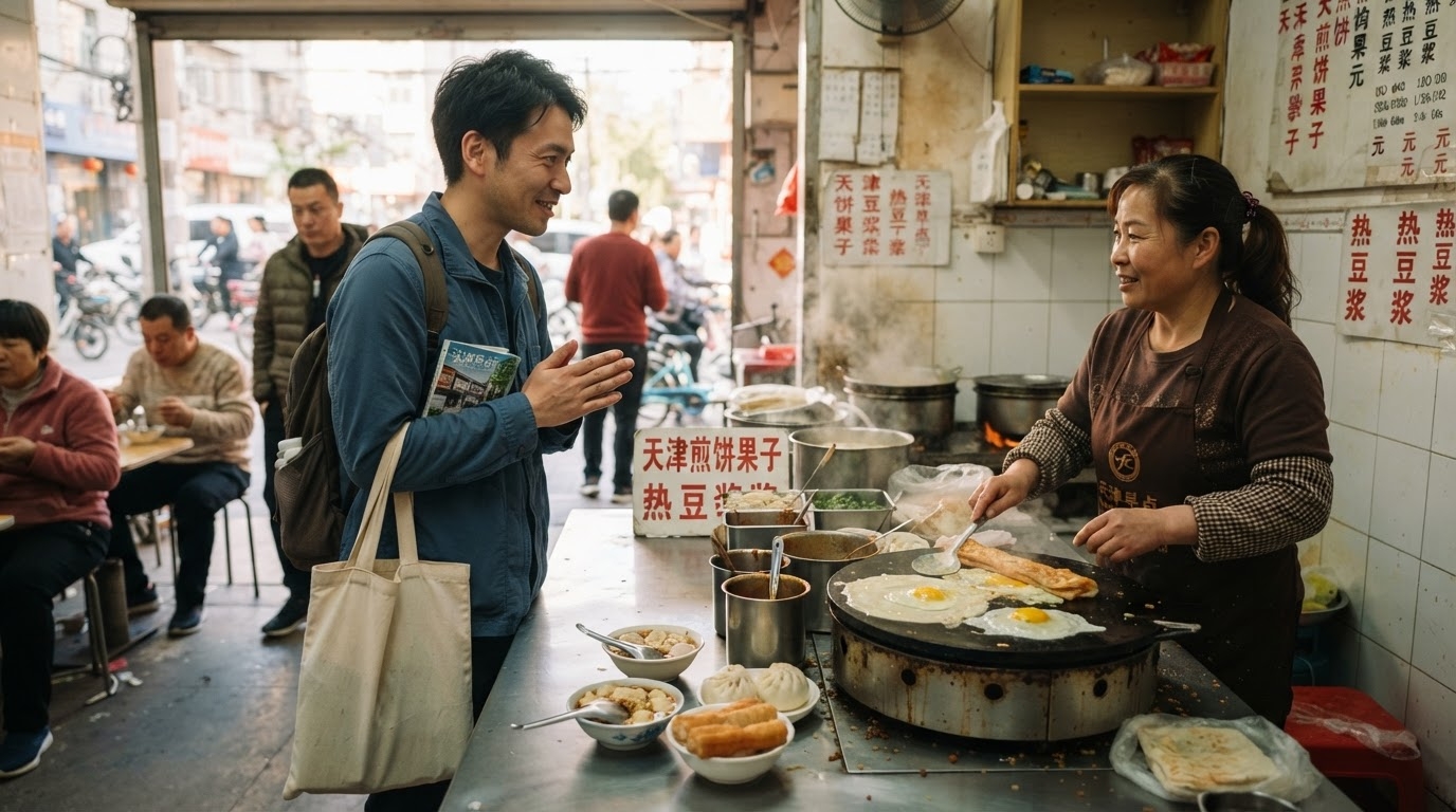 天津の朝食店で料理を指しながら注文する日本人旅行者