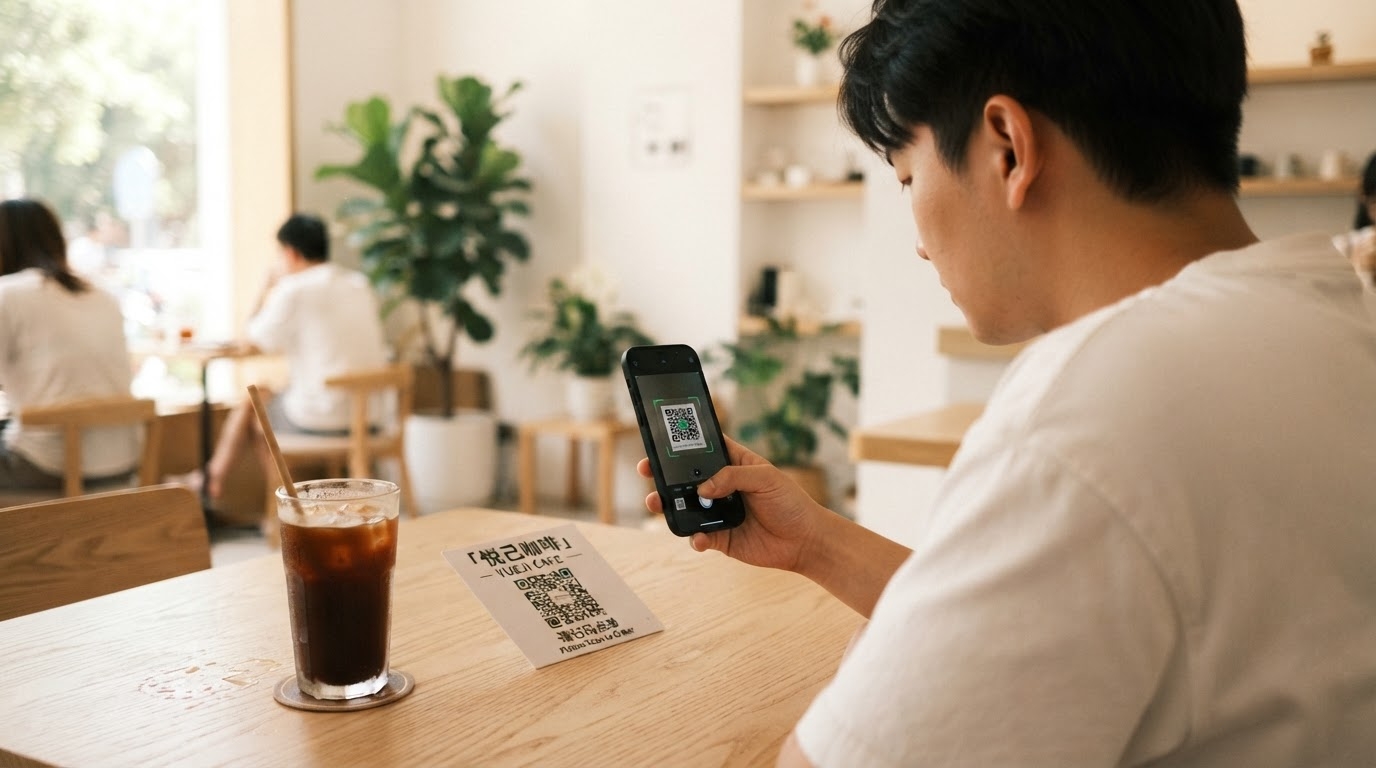 カフェのテーブルにあるQRコードのステッカーをスマートフォンでスキャンしている男性