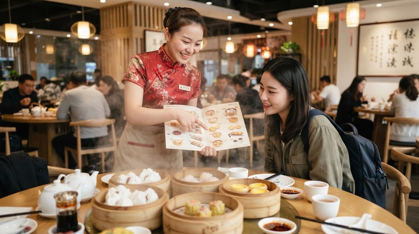 中国のレストランで店員にメニューを指さしながら注文する旅行者