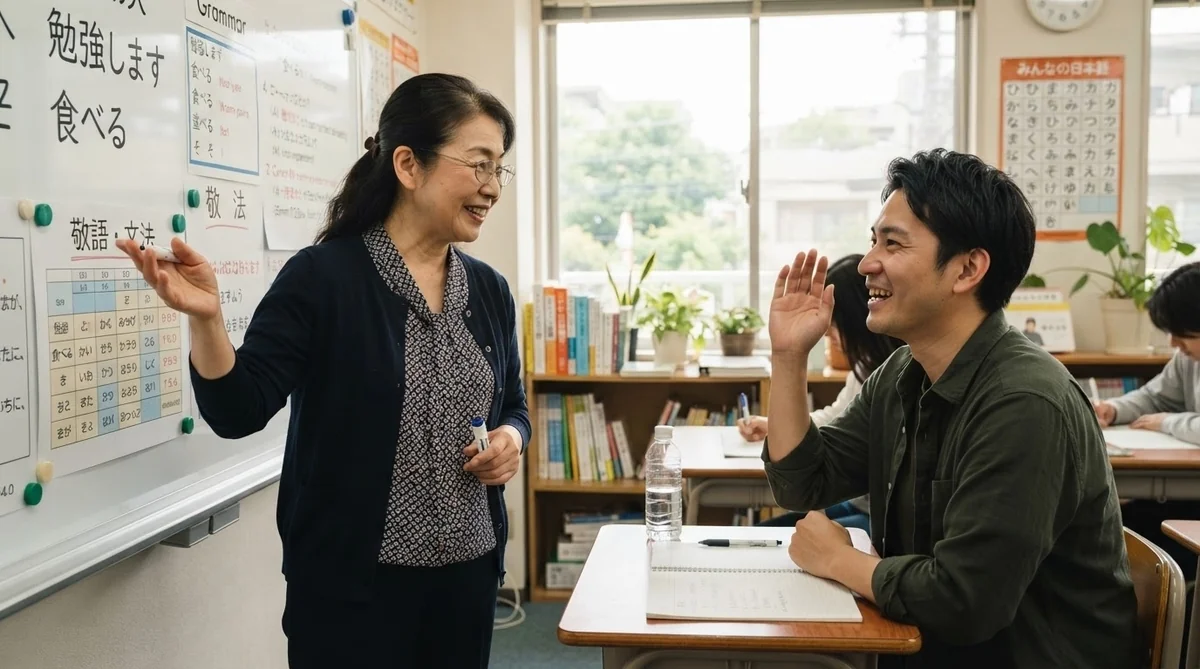 講師の説明を聞いて理解した表情を見せる日本人学習者