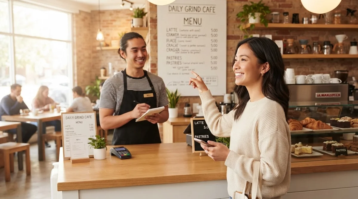 タピオカドリンク店のカウンターで、笑顔で指を1本立てて砂糖少なめを注文している若い東アジア系の女性
