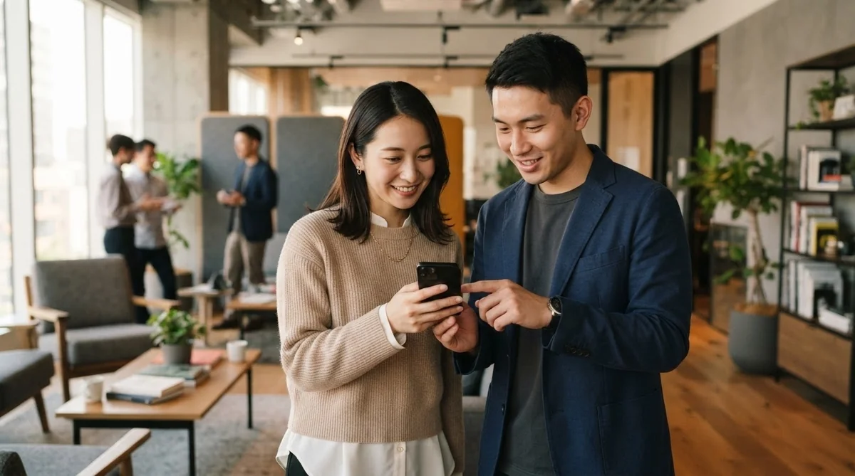 日本人と中国人がスマホの画面を見ながら笑顔で会話している様子