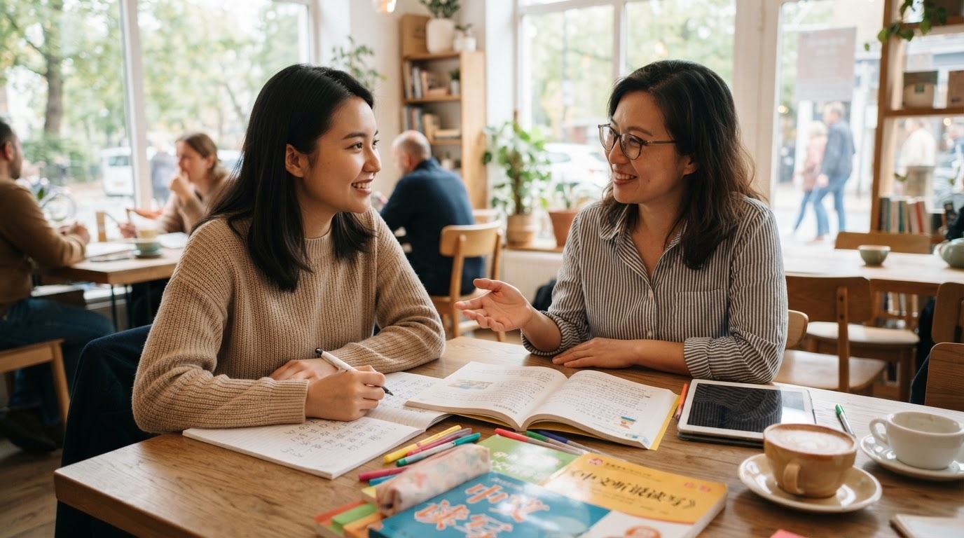 カフェで中国語の会話練習を行う学習者と講師の姿