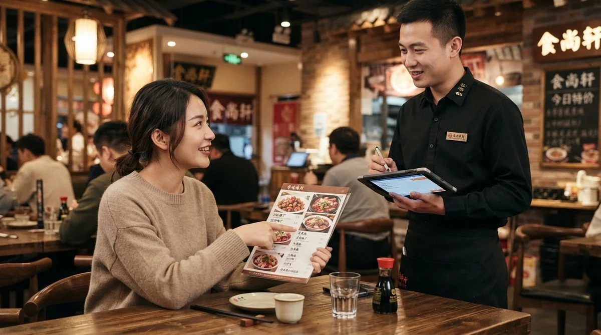店員と対面でメニューを指さしながら注文を行う様子