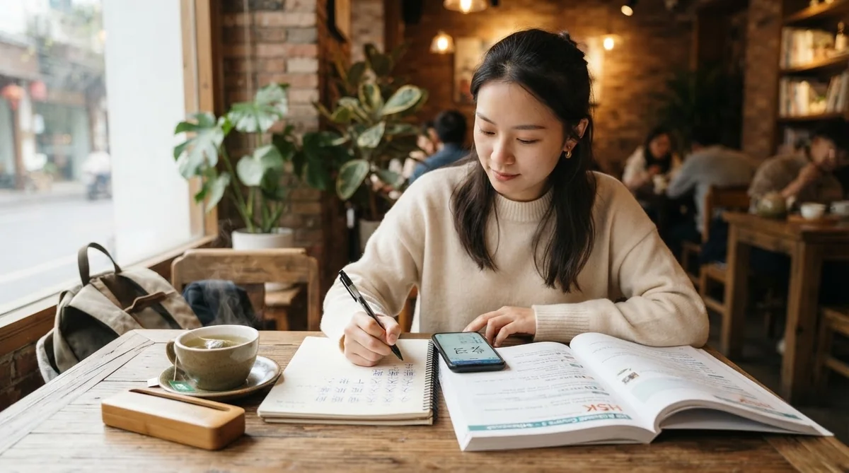 カフェで中国語のテキストやノートを広げて熱心に勉強する学習者の姿
