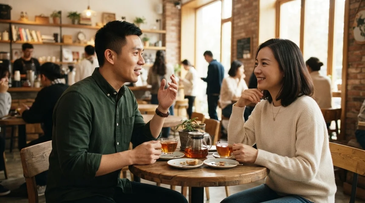 カフェのテーブルで穏やかに会話をしている中国人男性と女性